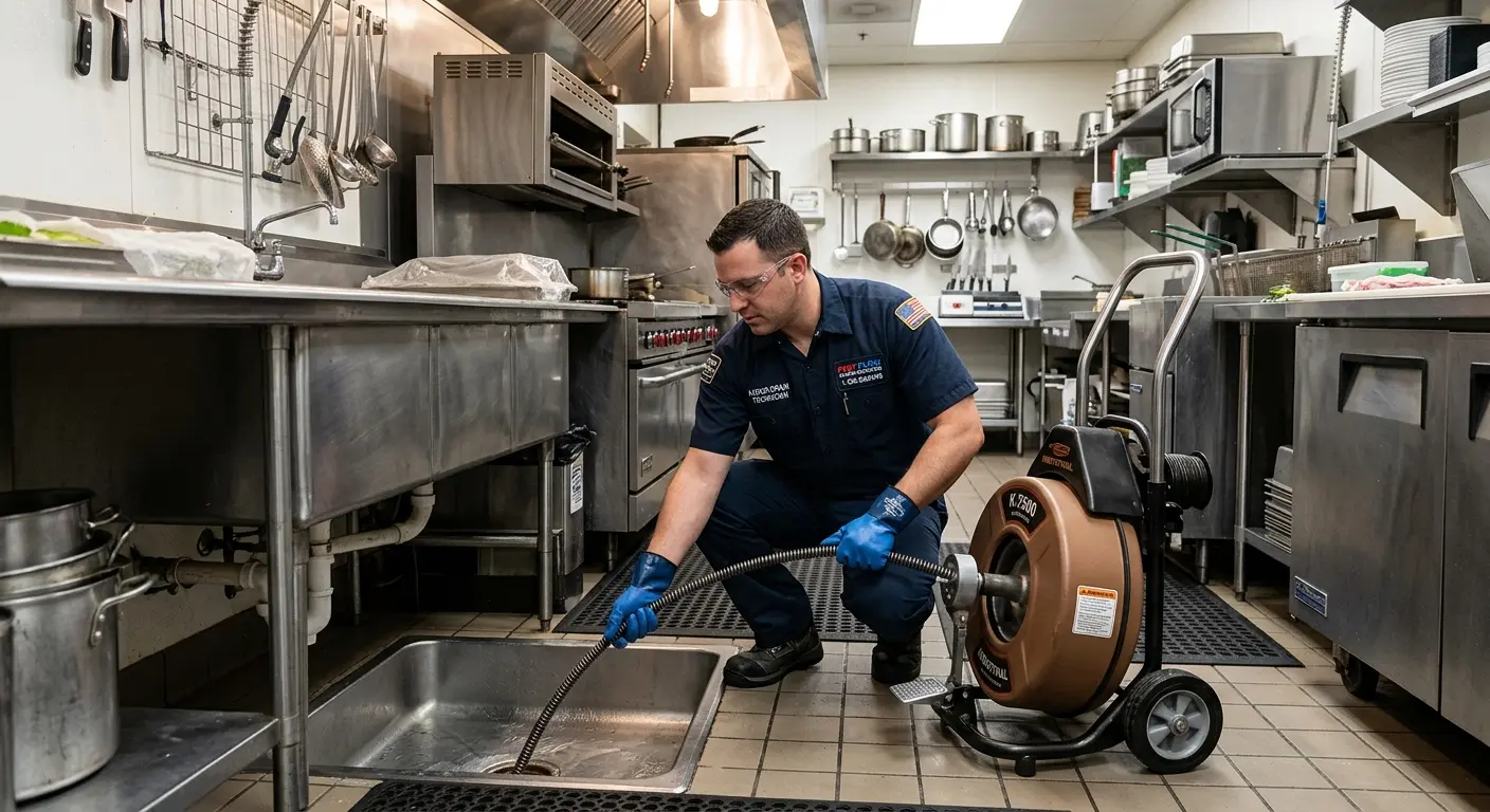 Commercial drain cleaning service in a restaurant kitchen in Canterbury