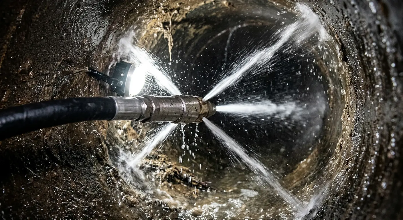 High-pressure hydro jetting nozzle cleaning sewer pipe for Trenchless Sewer Repair in Canterbury