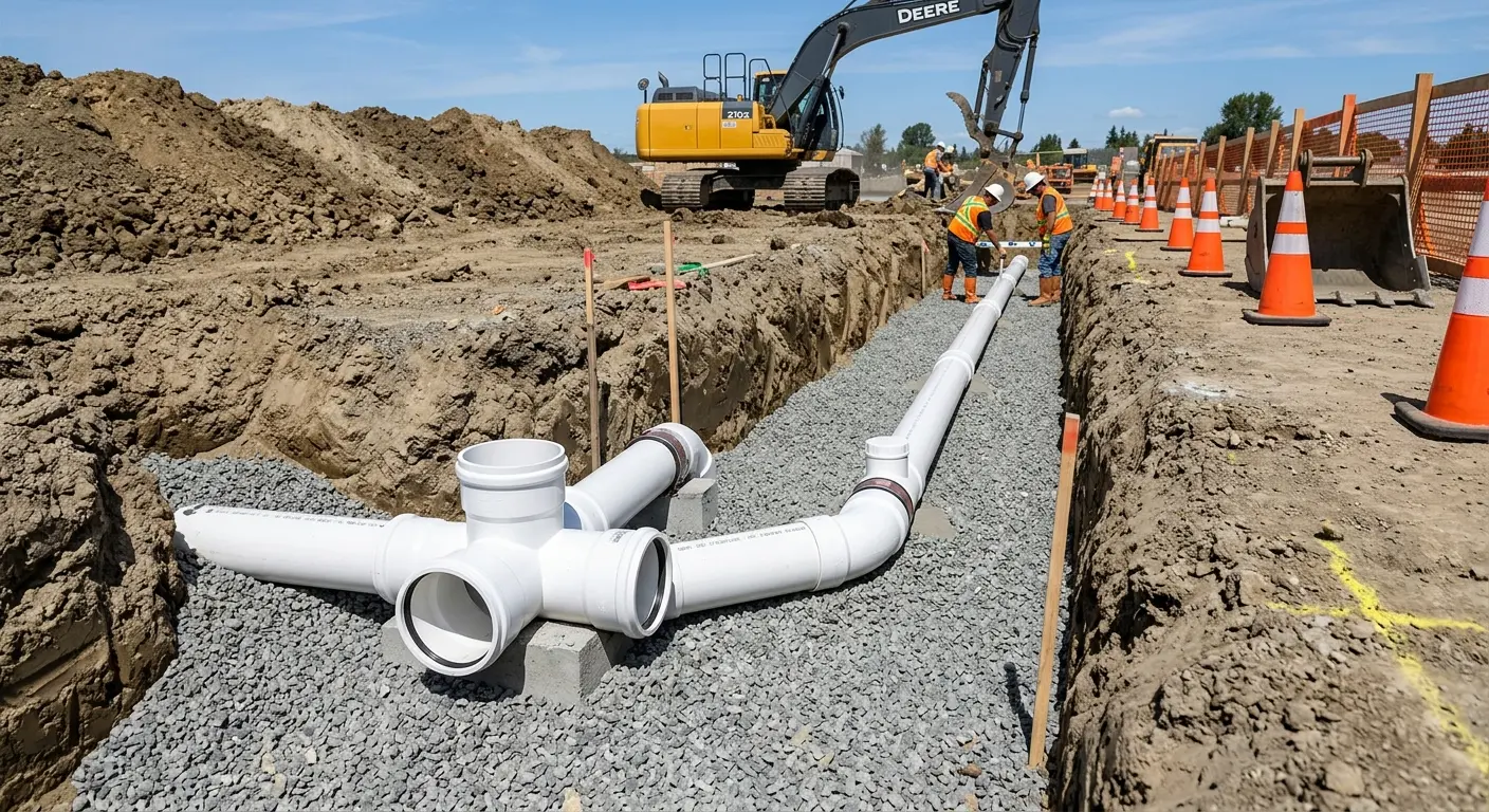 New PVC sewer pipe installation in open trench for Grease Trap Cleaning in Canterbury