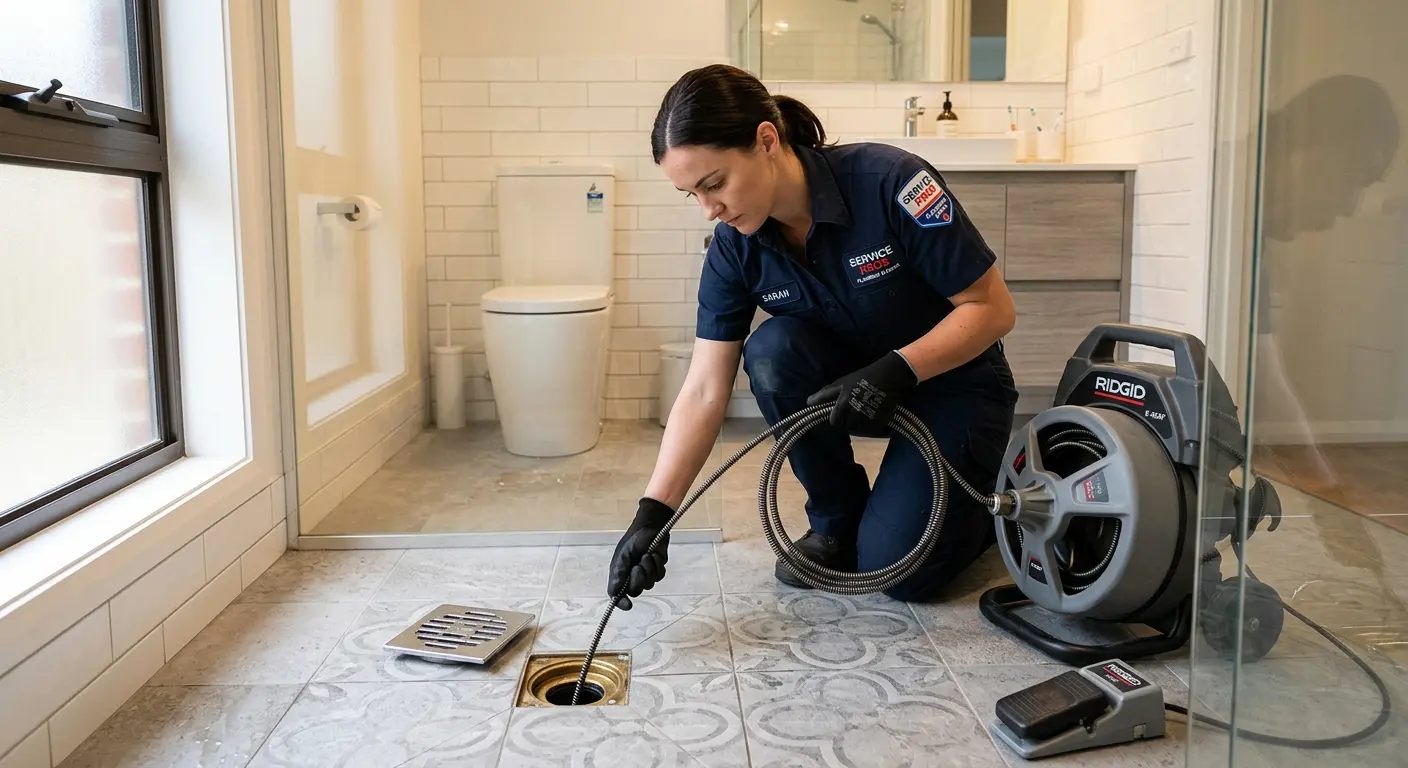 Technician clearing a bathroom floor drain for Sewer Line Installation in Canterbury